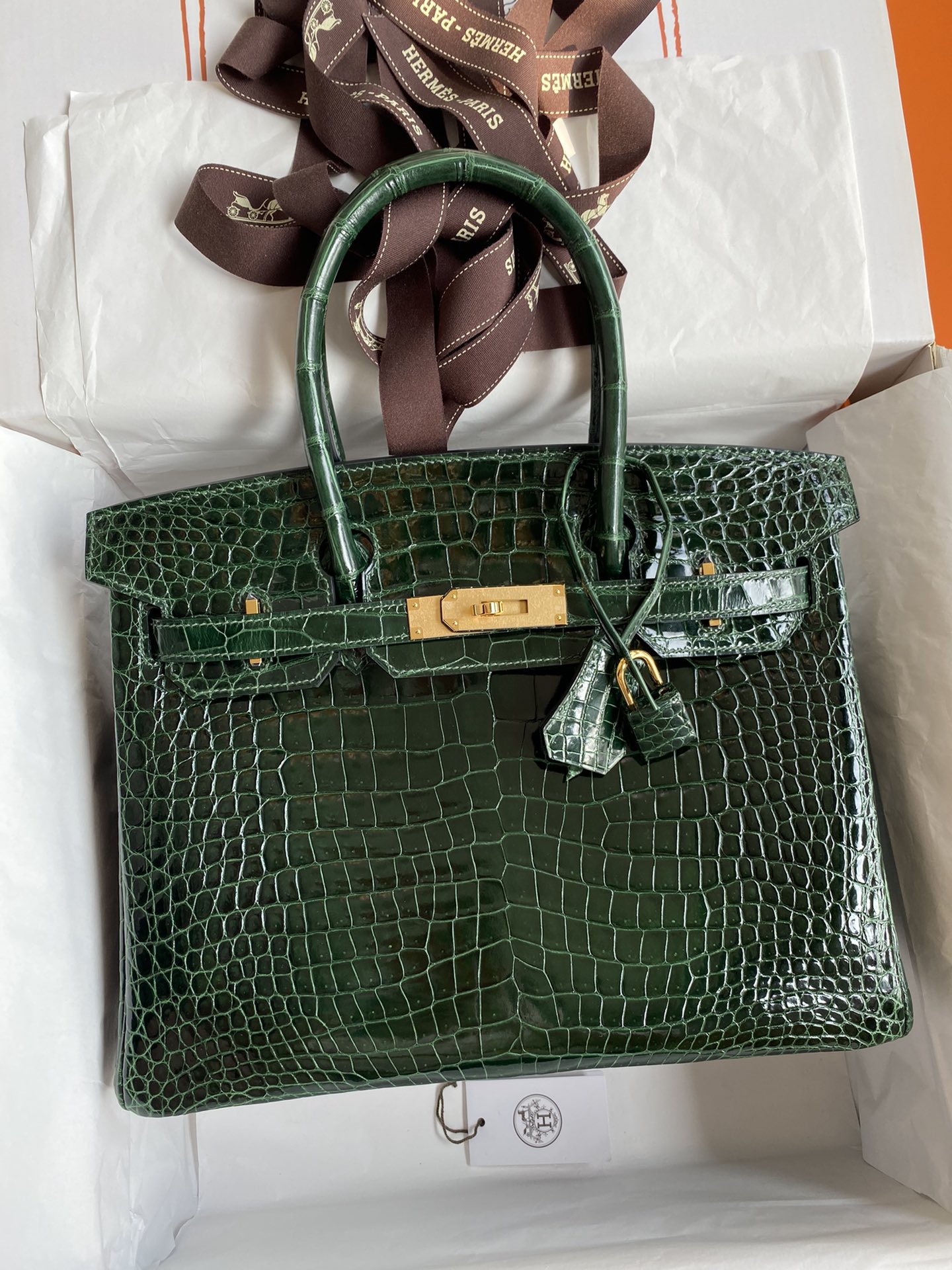 Hermes Birkin 30CM Handmade Bag In Green Crocodile Porosus Shiny Skin